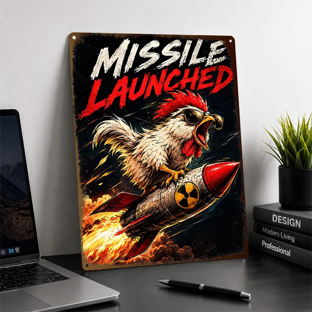 Funny Chicken Riding Nuclear Missile Textured Poster Personalized Aluminum Metal Sign Snack Humor Graphic Wall Art Pantry Decor