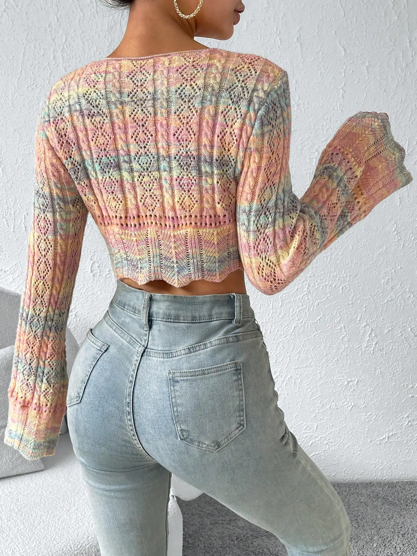 Women Tie‑dye Gradient Hollow Out Knit Crop Top, V Neck Drawstring Flare Long Sleeve, Y2K Midriff Cardigan