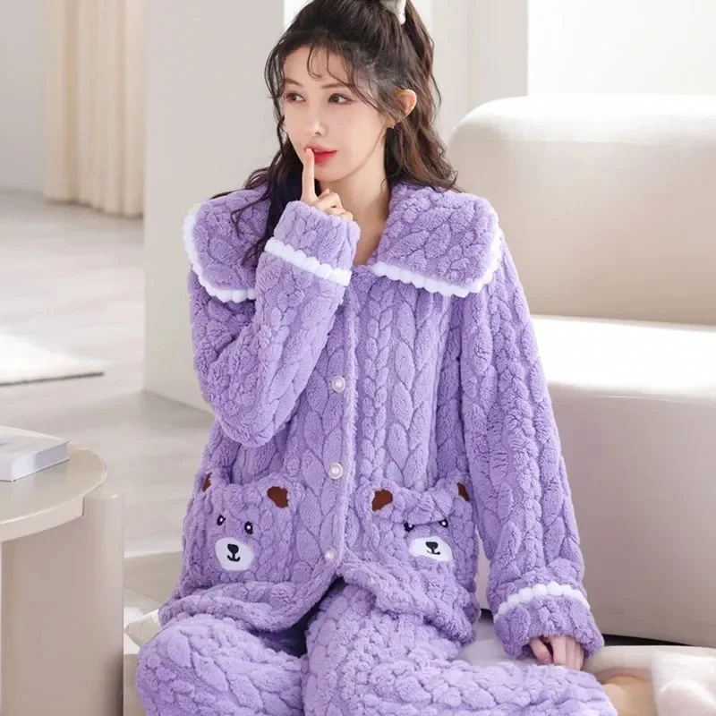 

Осенне-зимний женский теплый пижамный комплект, утепленная одежда для сна из кораллового флиса, кардиган, фланелевая одежда для дома, повседневная домашняя одежда, костюмы из 2 предметов