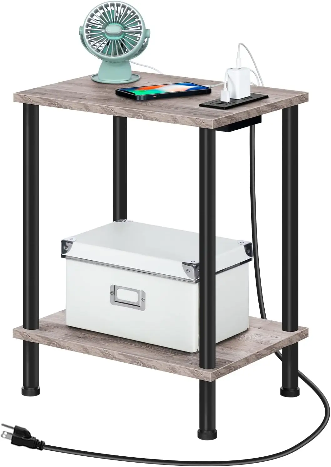 

Side Table with Charging Station, End Table with USB Ports and Outlet, Nightstand with 2-Layer Storage Shelves for Small Spac