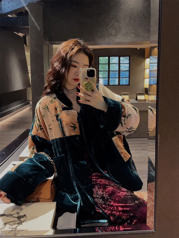 

Sanji Bla Flower New Chinese Sle Velvet Winter Du down Jaet Patchwork Design Warm Ladies Coat Long Sve Mid-Length