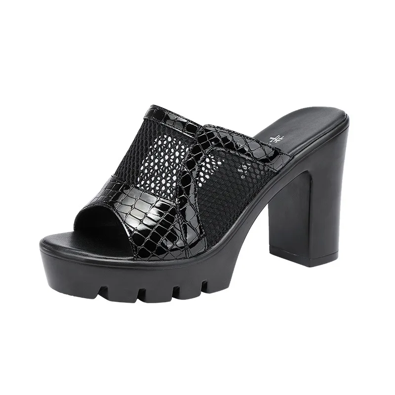 Small Size 32-43 Elegant Block High Heels Shoes Women Summer Slippers 2022 Mesh Cutout Leather Slides Platform for Office Model