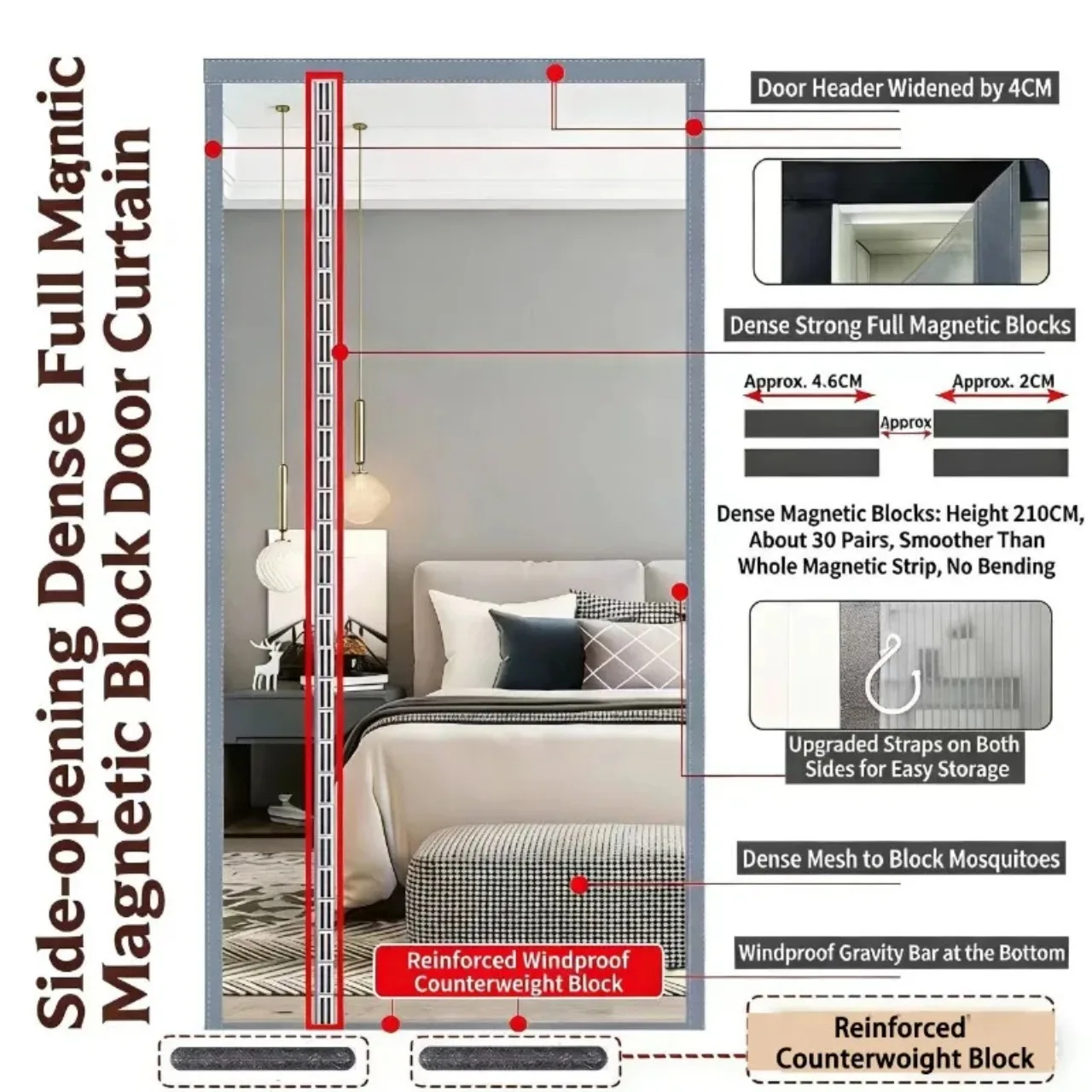 Summer Mosquito Proof Ventilation Dense Mesh Sturdy Side Opening Curtain Magnetic Self-Adhesive Door Curtain Easy To Clean