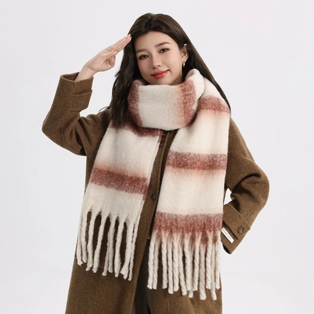 Elegant Long Stripe Wool Scarf Colorful Thickened Tassel Shawl Imitation Cashmere Cashmere Scarves Girl