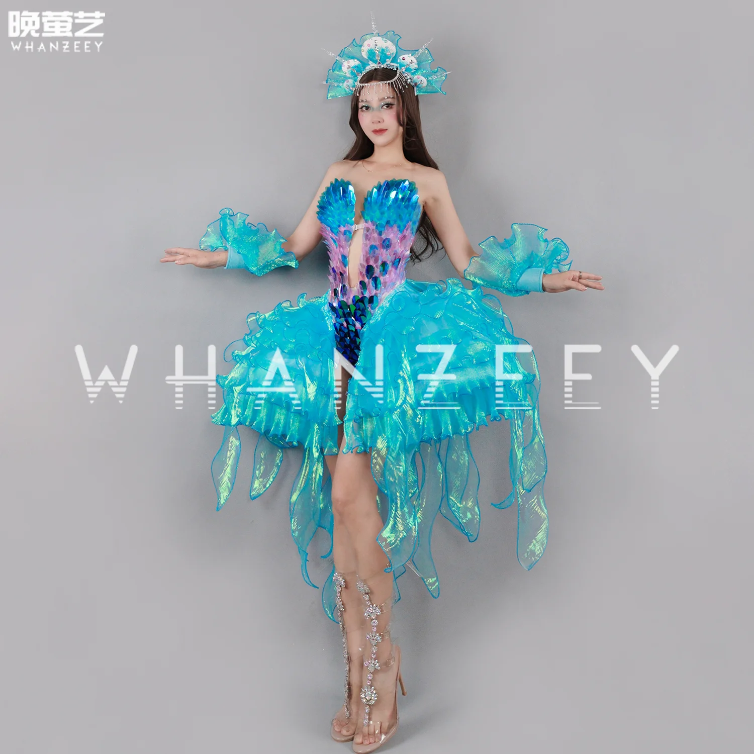 

Evening Bar Gogo Performance Costume Blue Ocean Party Summer Colorful Beautiful Illusion Jellyfish Dress Singer Stage Dance Wear