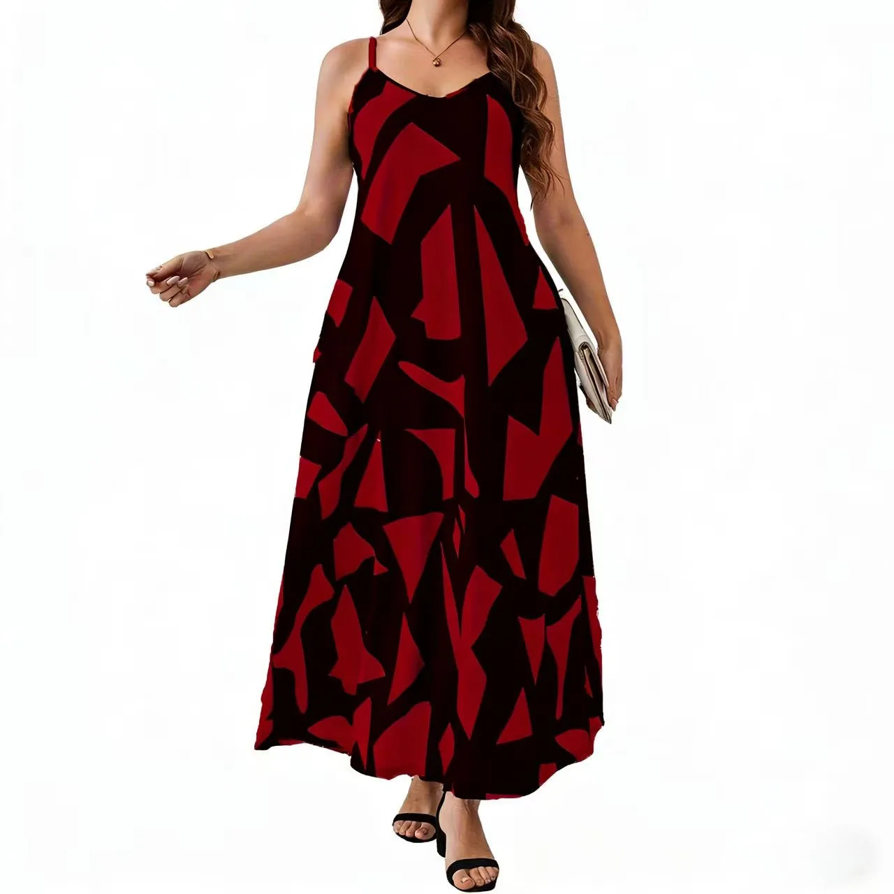 فستان نسائي أنيق بطباعة هندسية مقاس كبير، مزيج بوليستر مرن، قابل للغسل في الغسالة - أنيق كاجوال باللونين الأبيض والأسود، فستان أنيق مقاس كبير #5