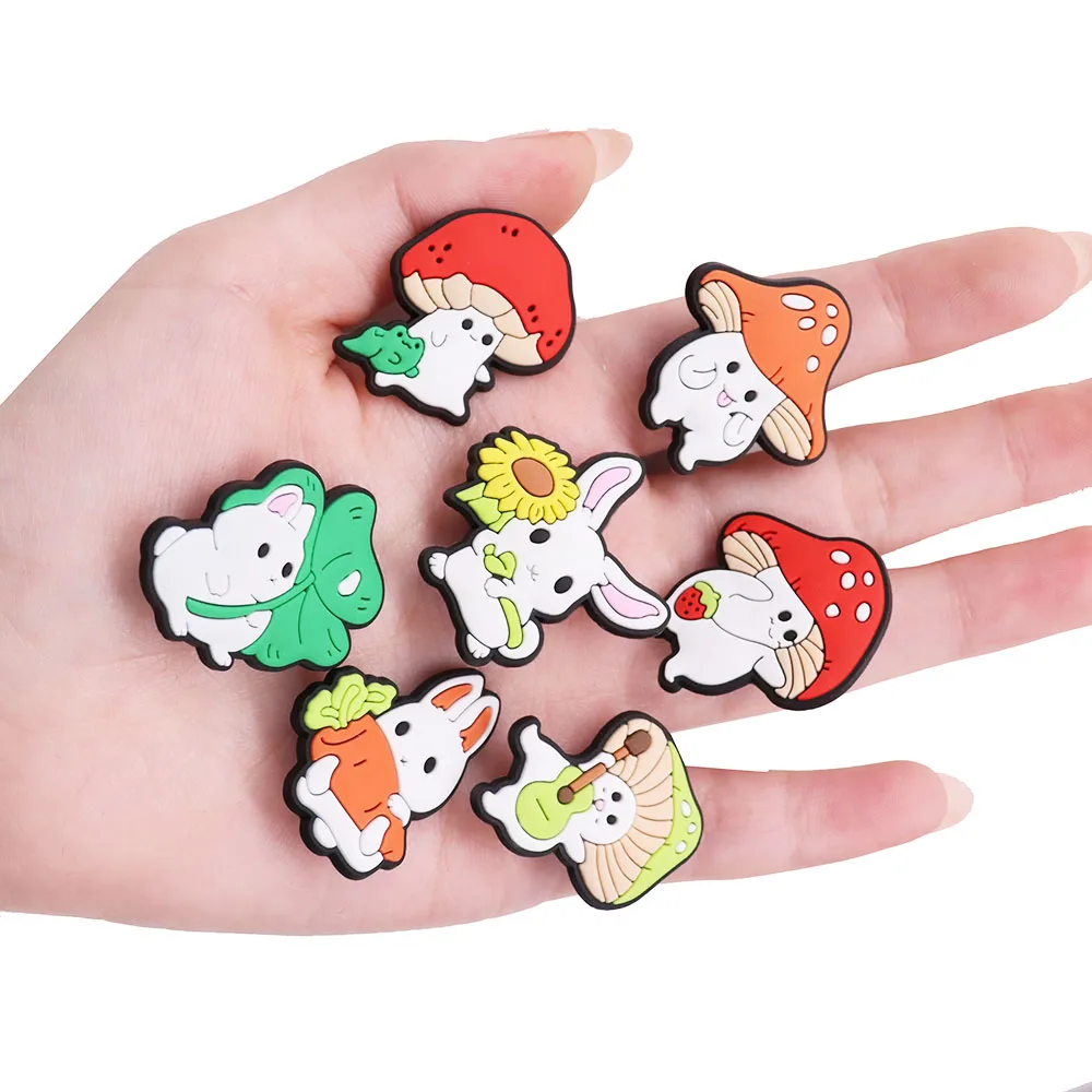 Hot Sale 1pcs Shoe Charms Cute White Rabbit Mushroom Carrot PVC Accessories Garden Shoes Buckles Decoration Fit Kids X-max Gift