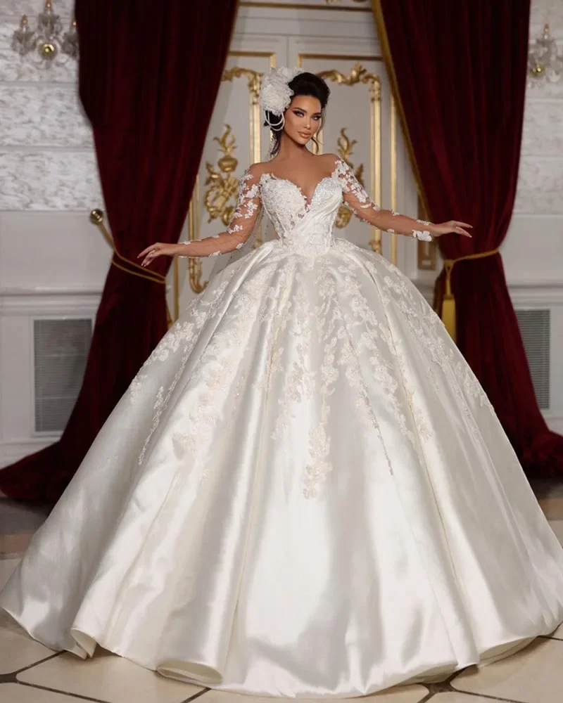 

Flavinke Customized New Arrivals Long Sleeve Zipper Up Back Beading Satin Ball Gown Wedding Dresses Vestido De Noiva Casamento
