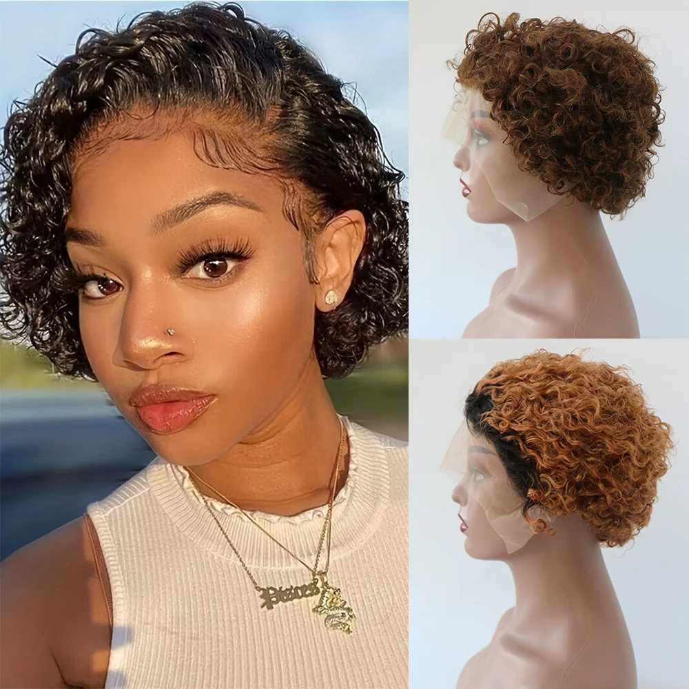 

Short Curly Wig Human Hair Honey Blonde Pixie Cut Human Hait Wig Dark Red 13x1 Transparent Lace Frontal Wigs For Black Women