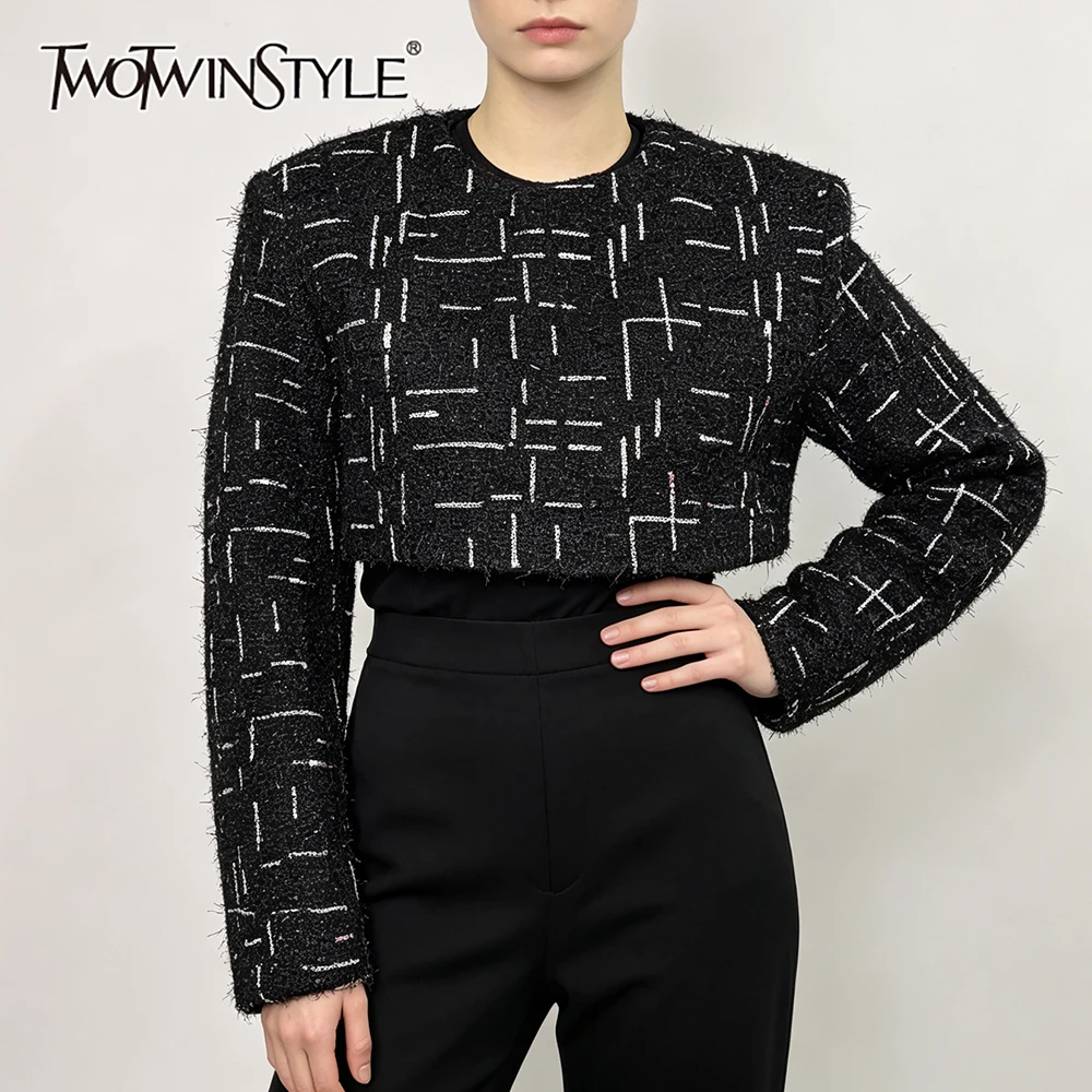 TWOTWINSTYLE Chic Premium Grid Tweed Bodysuit for Women Round Collar Shoulder Pud Long Sleeve Bodysuits for Formal Office Style