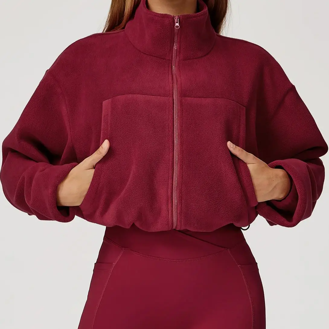 

New Women Autumn Winter coat with Stand up Collar Windproof and Warm fleece Drawstring Jacket Women Running Fleece Sports Jacket