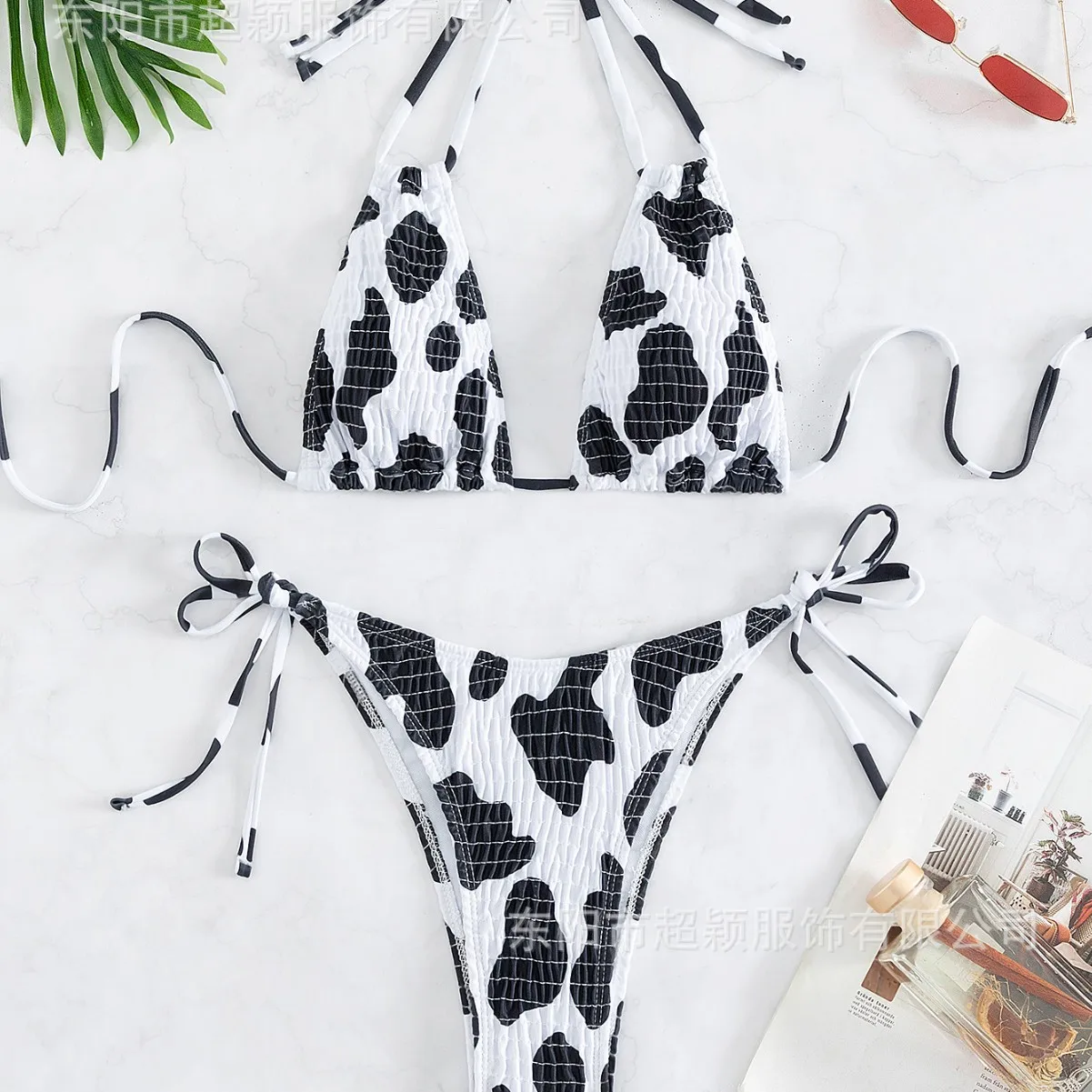 

Hot Sale Cow Print Sexy Split Suit Swimsuit Lace Up Beach Bikini 2025 New