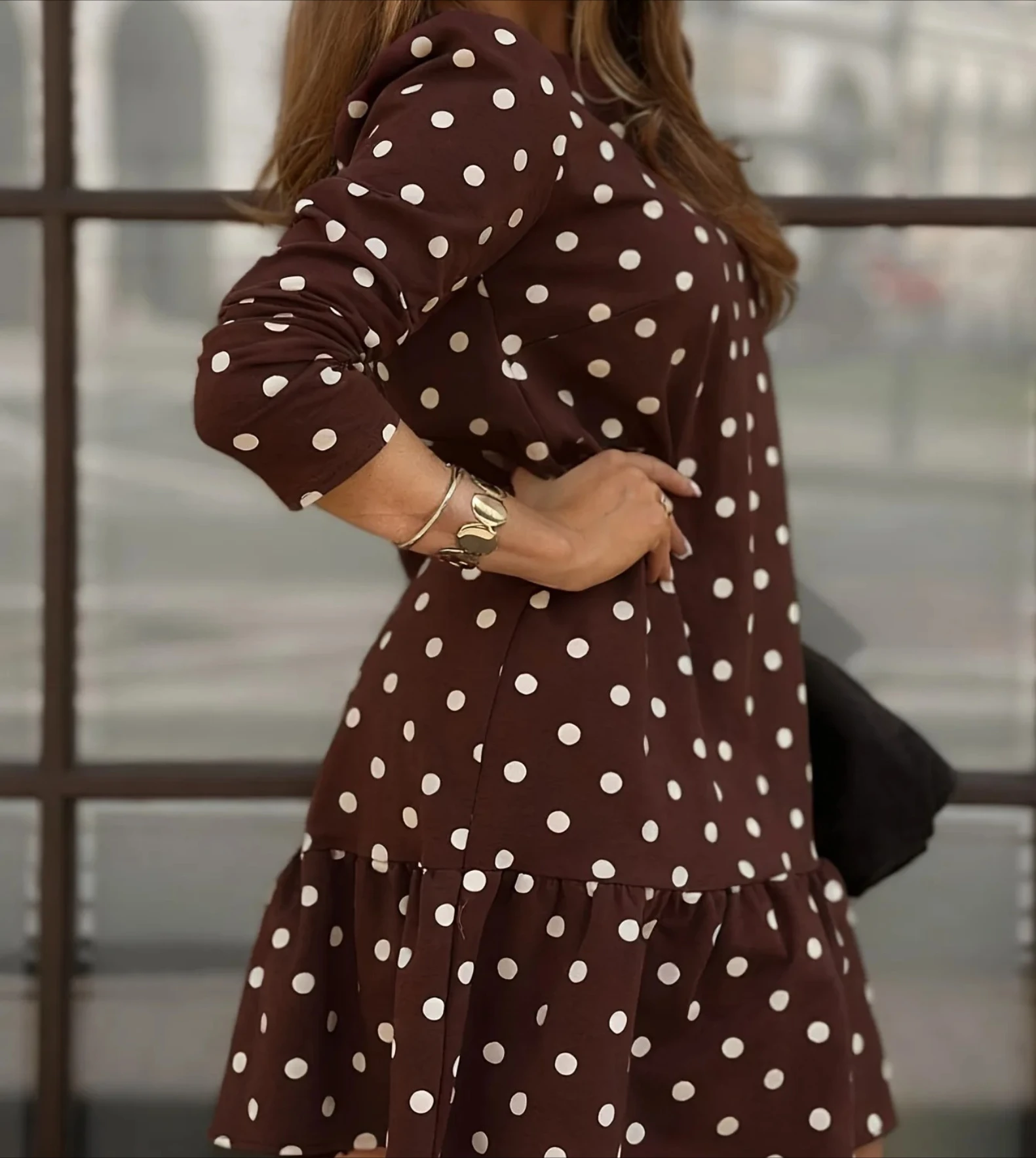 Café polka dot estilo francês emagrecimento vestido de manga longa feminino suave plissado hemlinedress confortável estilo rua