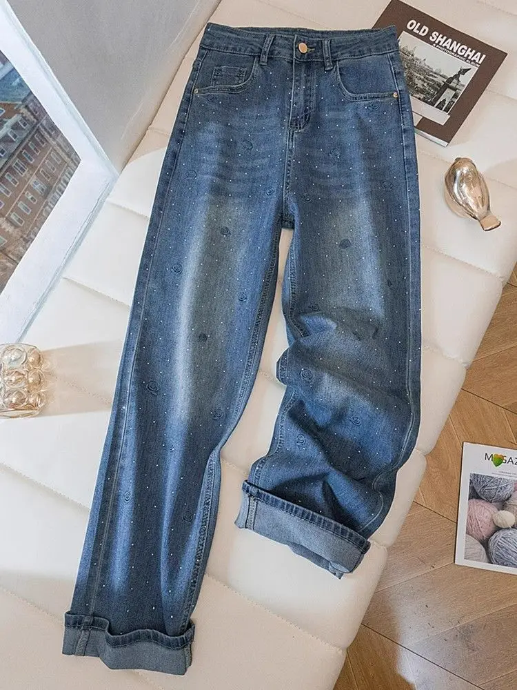 

Chic Rose Embroidered Diamond Straight Jeans for Women Autumn New High Waist Loose Wide Leg Pants Baggy Denim Trousers