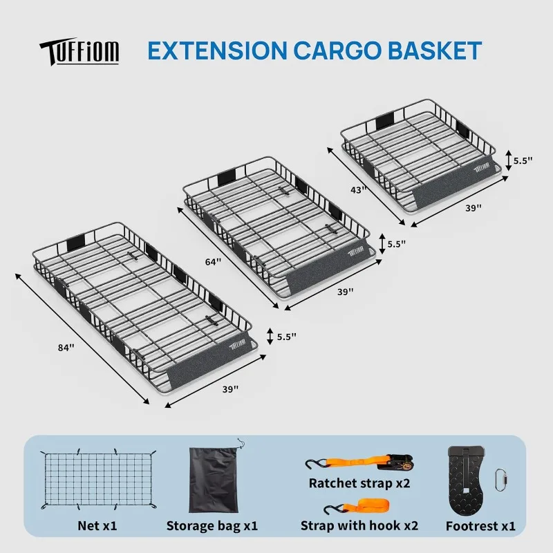 حامل بضائع على السطح قابل للتمديد 250 رطل، سلة حامل سقف عالمية مقاس 84 * 39 * 5.5 بوصة مع شبكة مطاطية، حقيبة تخزين، أشرطة أ