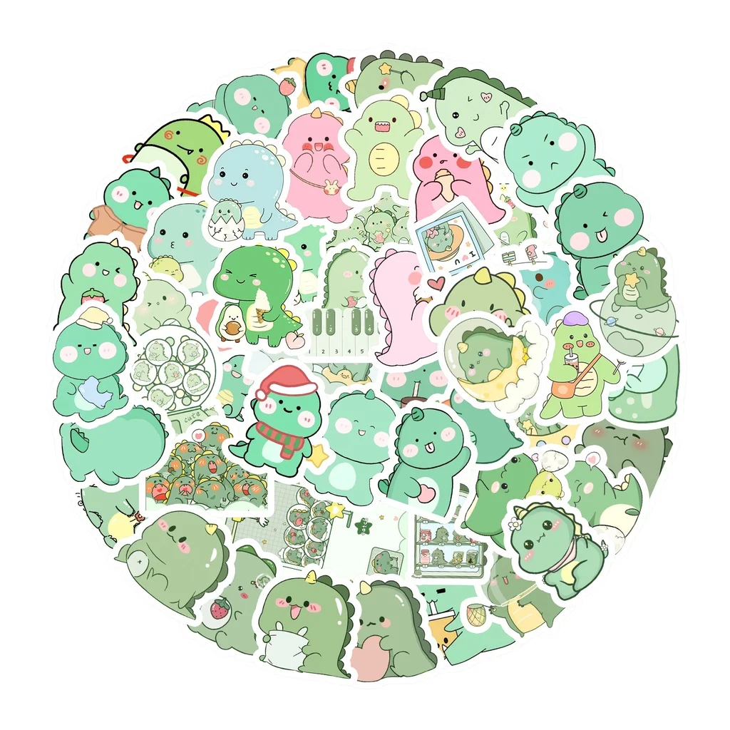 50Pcs Cute Green Dinosaur Waterproof Stickers, Ideal for Helmet, Bicycle & Pencil Case Decoration Peel Joy Sticker Store