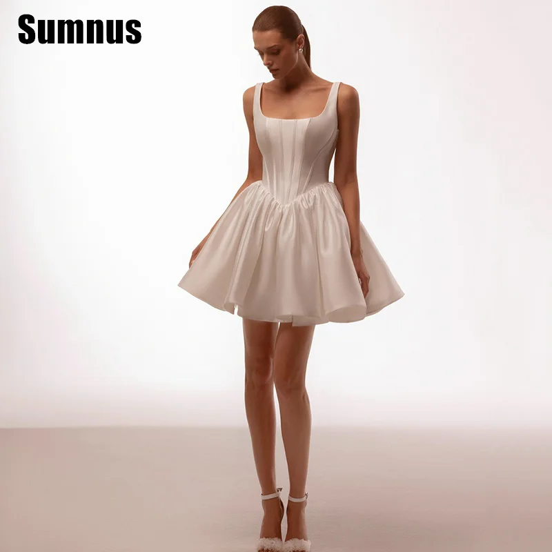 

Sumnus Simple Mini Short A-Line Wedding Dresses Square Collar Draped Backless Bridal Gowns Pleats Bride Dress Customized