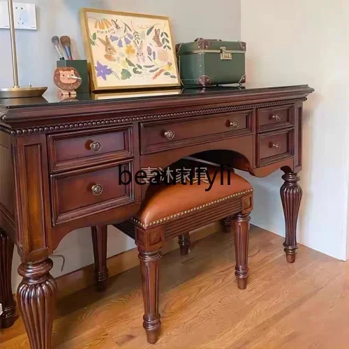

American solid wood retro carved dresser Roman column makeup table Multifunctional storage table2005