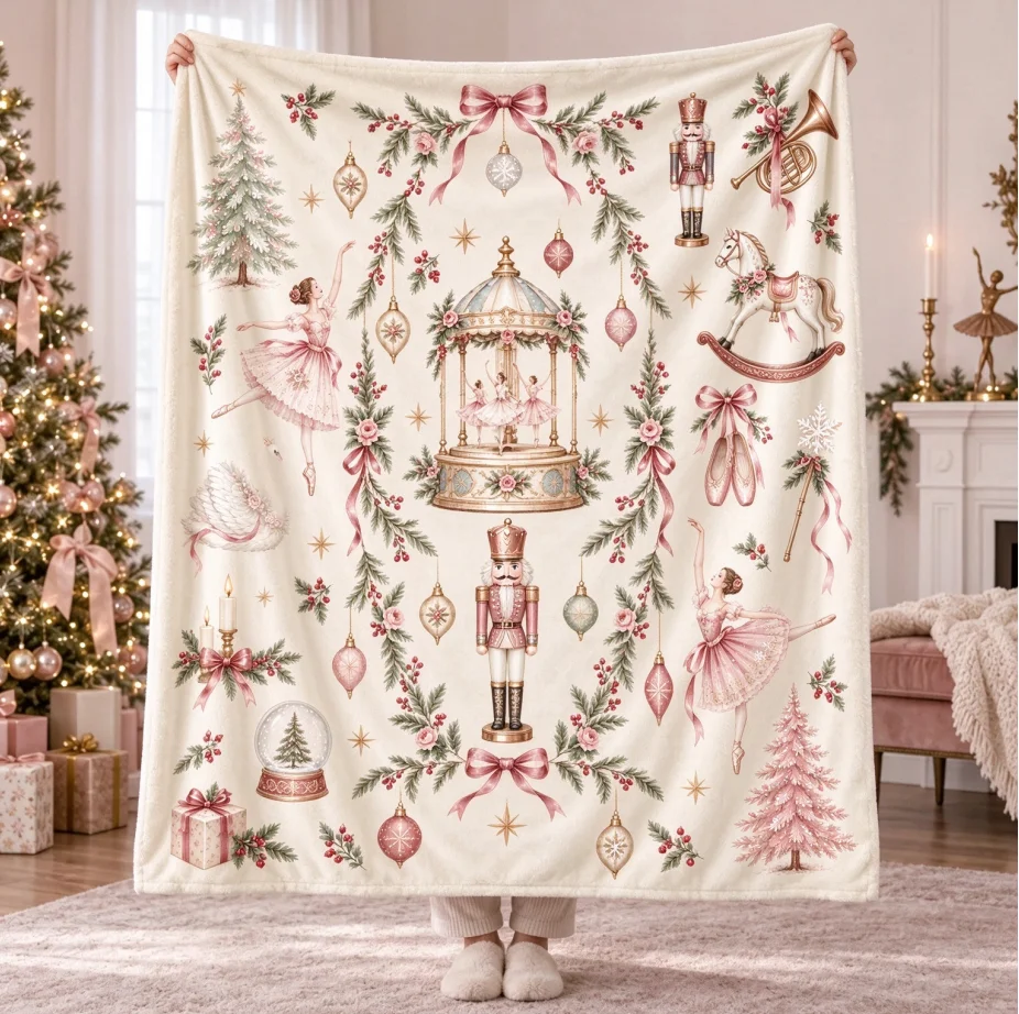 Nutcracker Christmas Flannel Blanket, Vintage Ballerina & Pink Bow Print, Soft Cream Holiday Throw, Elegant Christmas Home Decor, Sweet Ballet Dancer Gift, Cozy Warm Couch Blanket for Winter