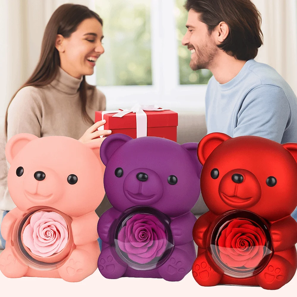 

Plastic Rotating Hugging Bear Jewelry Box Cute Jewelry Display Rose Bear Gifts Box with Soap Rose Romantic Jewelry Display Box