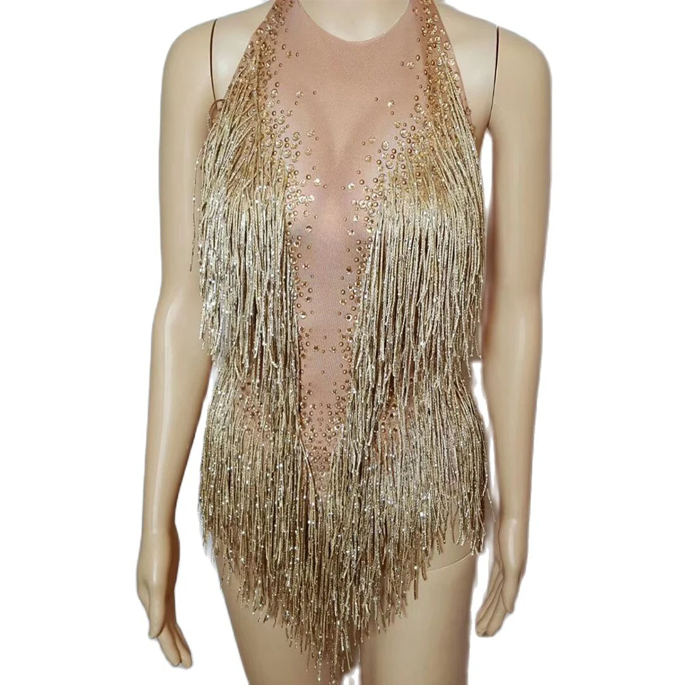 Gouden Steentjes Franjes Rugloze Latin Bodysuit Vrouwen Sexy Podium Nachtclub Performance Dance Wear Kostuum Party Avond 2022