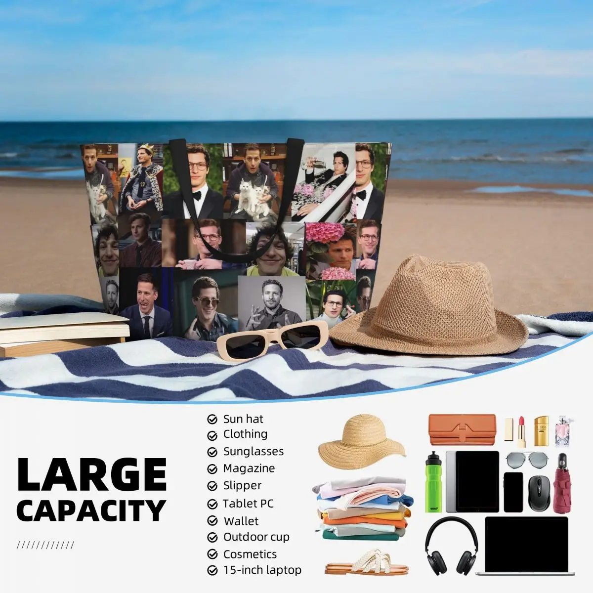 แอนดี้ แซมเบิร์ก (เจค เปราลตา) กระเป๋าโท้ทลายภาพคอลลาจชายหาด กระเป๋าออกกำลังกาย กระเป๋าโยคะ กระเป๋าเดินทางขนาดใหญ่สำหรับผู้หญิง กระเป๋าฟิตเนส