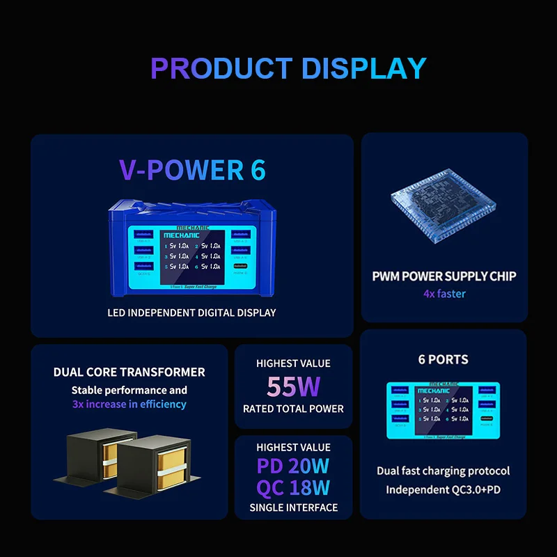 MECHANIC pengisi daya ponsel Tablet, v-power 6 8S 8ultra 8pro USB Multi Port pengisian cepat tampilan Digital cerdas