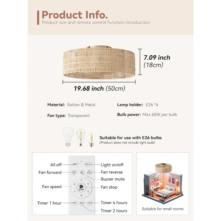 مراوح سقف منخفضة المستوى مع أضواء 20 مروحة سقف بوهو راتان مع حامل خفيف وأسطوانة تحكم عن بعد محبوسة بـ 6 سرعات