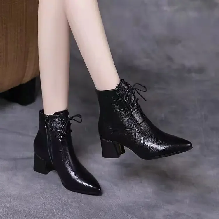 Concise Ankle Boots Women Chunky Square Heel Side Lace-Up Footwear Point Toe Decor Sewing Autumn Spring Casual Boots Women 35-42