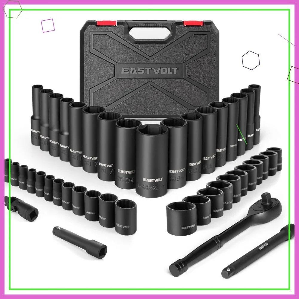 Juego de llaves de trinquete con casquillo de accionamiento de 46 piezas con trinquete reversible de 72 dientes, barras de extensión y estuche de almacenamiento para métrico/SAE