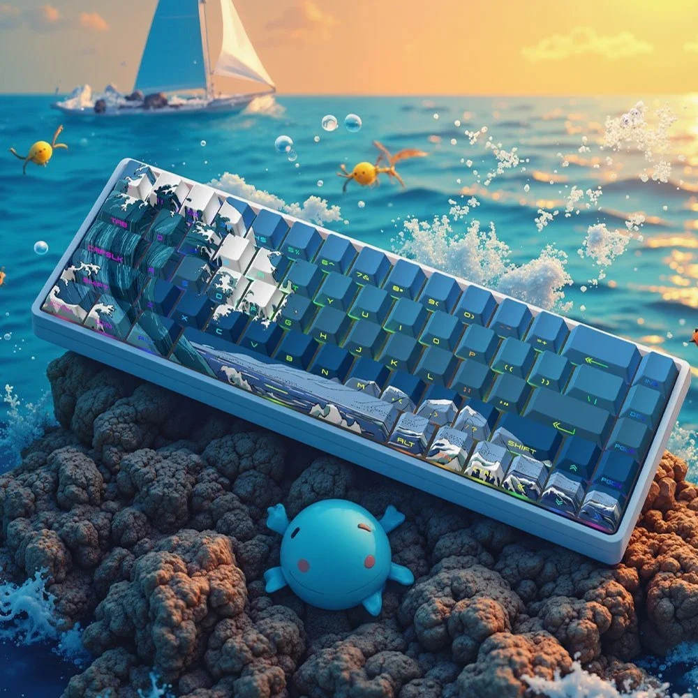 

Blue Vintage Wave Cherry Profile Key Caps Custom DIY Gaming Keyboard Side Engraved Translucent Keycaps for Mechanical Keyboard