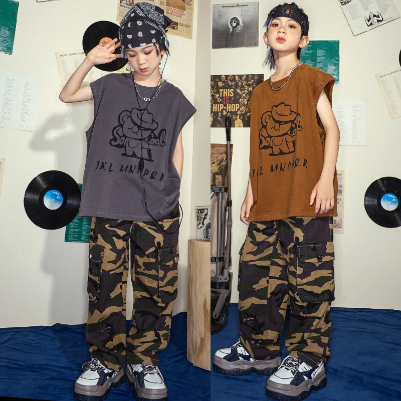 

Kid Hip Hop Clothing Print Tank Top Camouflage Casual Muliti Flap Pockets Cargo Pants for Girl Boy Jazz Dance Costume Clothes