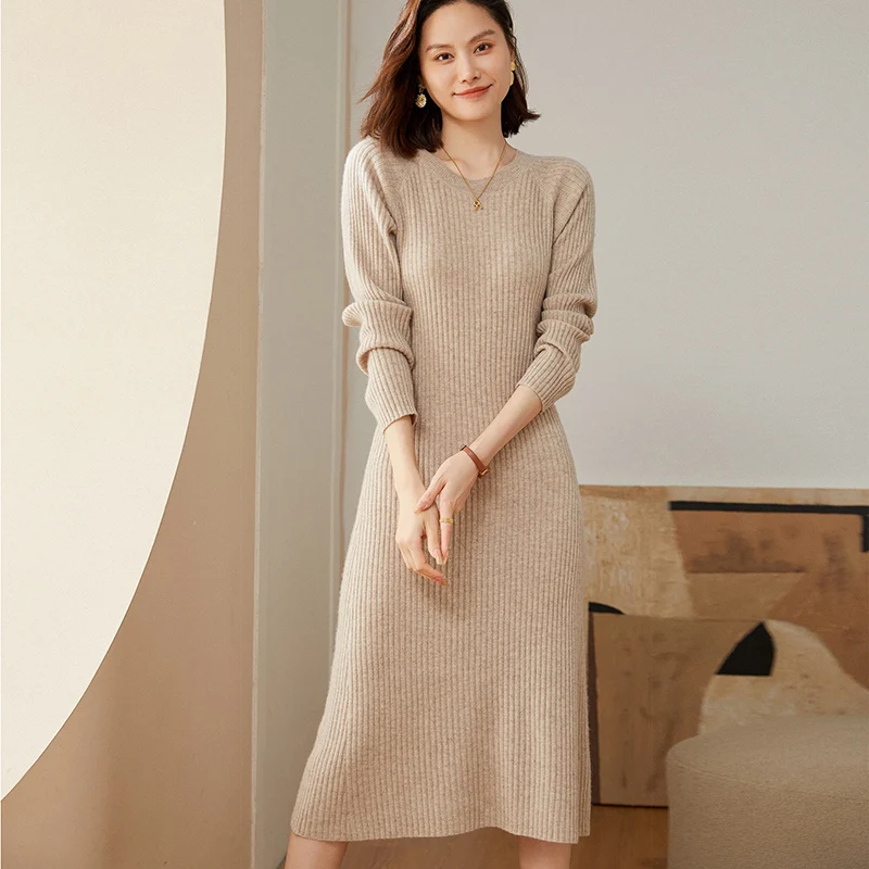 

Round Neck Cashmere Knitted Dress Women's Autumn and Winter New Medium Long Slim Woolen Dress Over Knee Long Sleeve Skirt