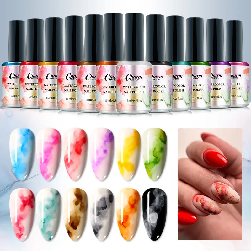 

12 Colors Set Watercolor Nail Ink 9ml Blossoming Effect Nails Art Design Natural Air Dry Nail Art Varnish Manicure Nail Gel