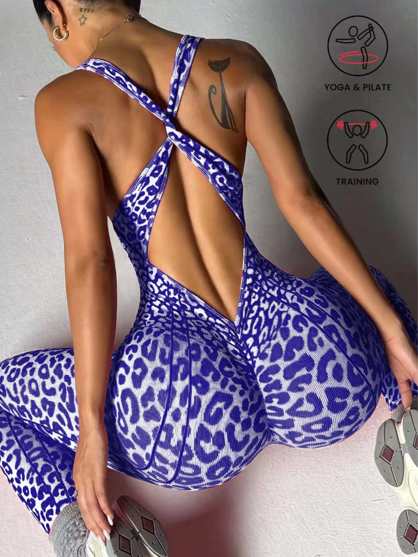 Nahtloser Damen-Jumpsuit mit Leopardenmuster, überkreuztem Rücken, Po-Lifting-Effekt, Yoga-Bodysuit, hochelastischer Workout-Fitness-Catsuit – Detail 16