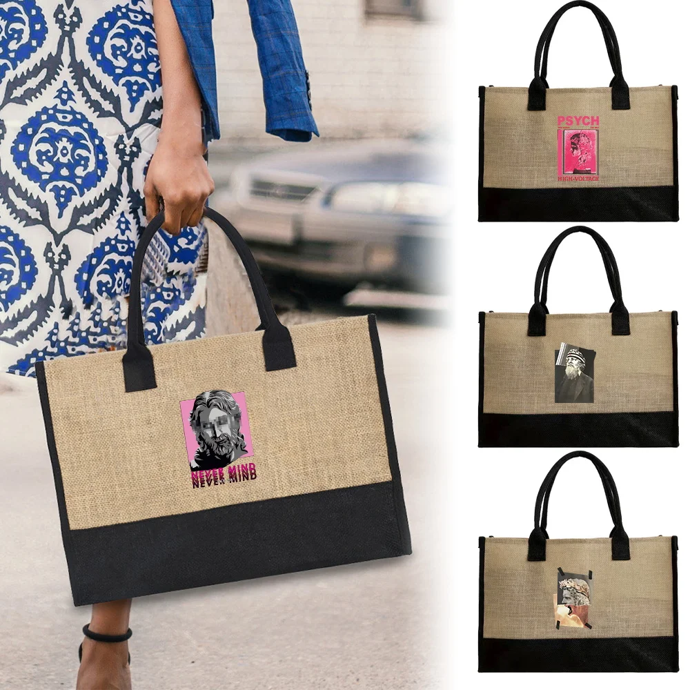 Burlap Jute Tote Bag Flax Crossbody Sculpture Printing Series Fashion Commuting Vintage Reusable Grocery Shopping Handbags