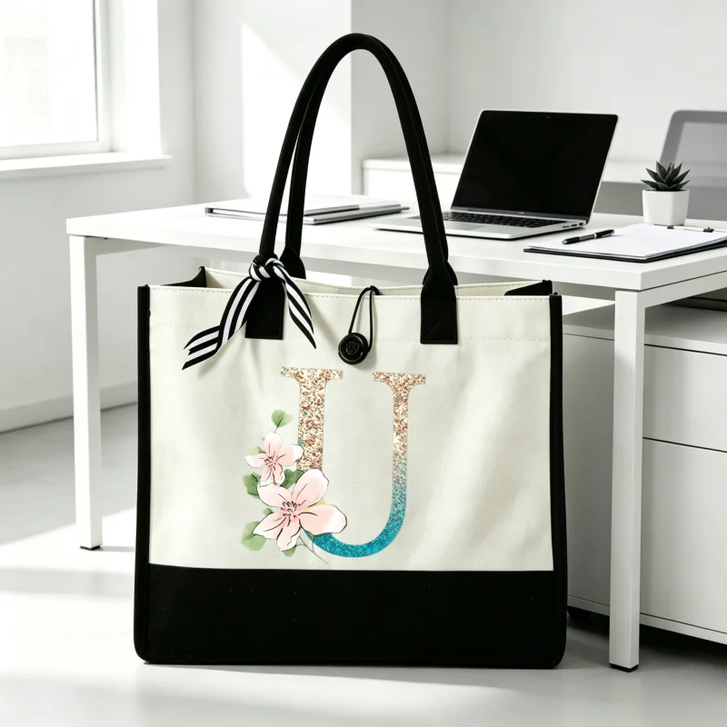 Custom A‑Z Glitter Gradient Floral Initial Letter Canvas Tote Bag Women Large Capacity Shoulder Handbag Reusable Shopping Gift