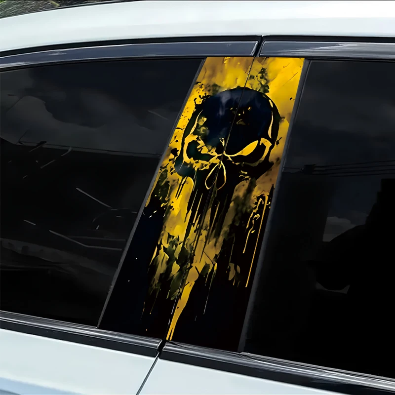 

2 штуки автомобильных наклеек на B-стойку, защитная пленка из гладкого материала с рисунком черепа, с защитными свойствами от царапин.