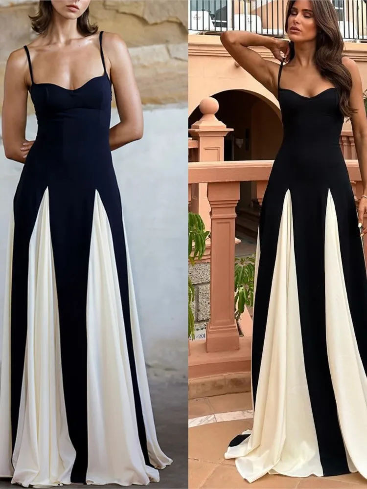 Fashion Contrasting Color Strap Maxi Dress For Women Elegant Backless Sleeveless High Waist Swing Vestidos Chic Lady Party Robe