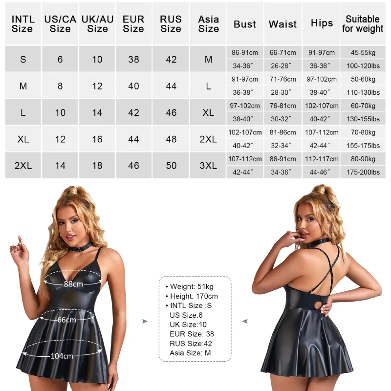 Ohyeahlady Pu Leather Women Nightclub Wear Pajamas Mini Suspenders Dress Plus Size Bodycon Nightdress Black Sexy Lingerie Skirt