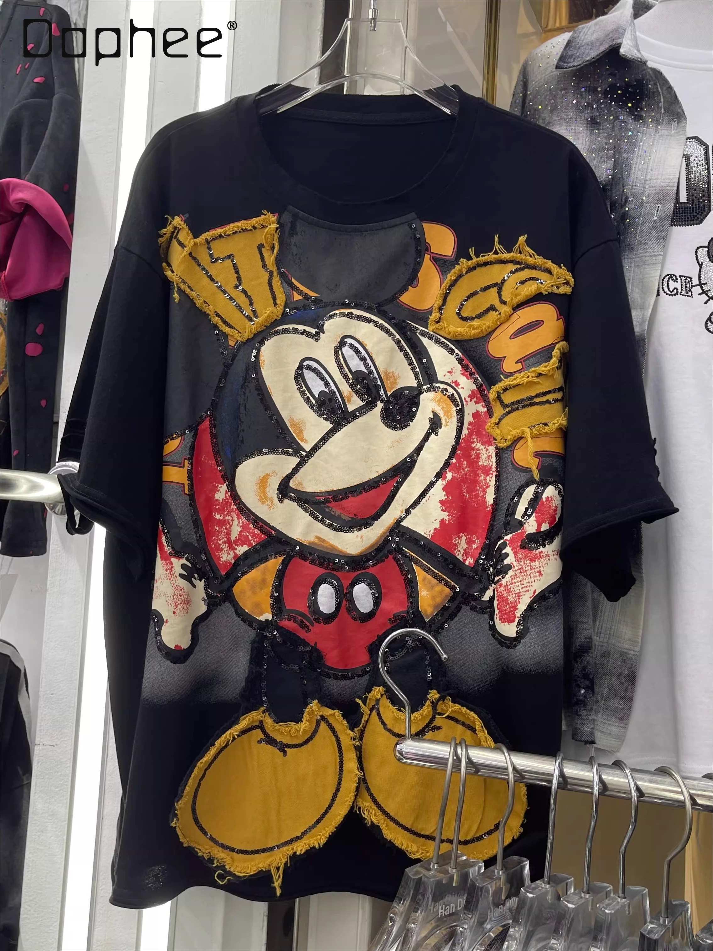 

Women's Clothing Spring New Cotton Heavy Industry Short-sleeved T-shirt Sequined Embroidery Cartoon Loose Hole Large Version Tee