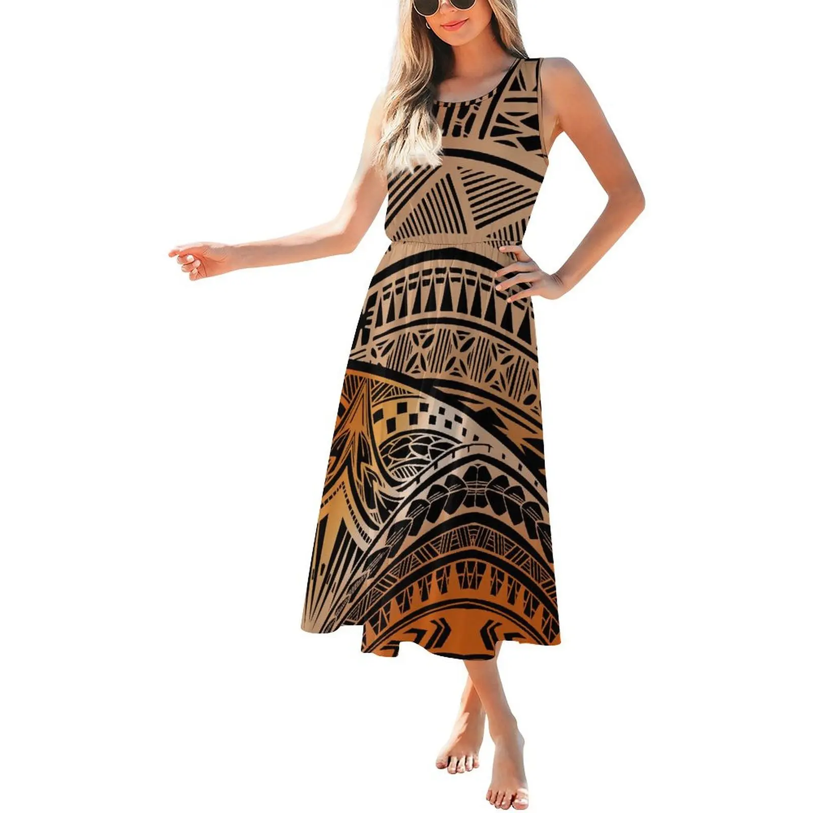 حار بيع شعار مخصص سيدة الصيف حزب اللباس هاواي طباعة تصميم المرأة س الرقبة أكمام فستان طويل فساتين الجزيرة عارضة #2