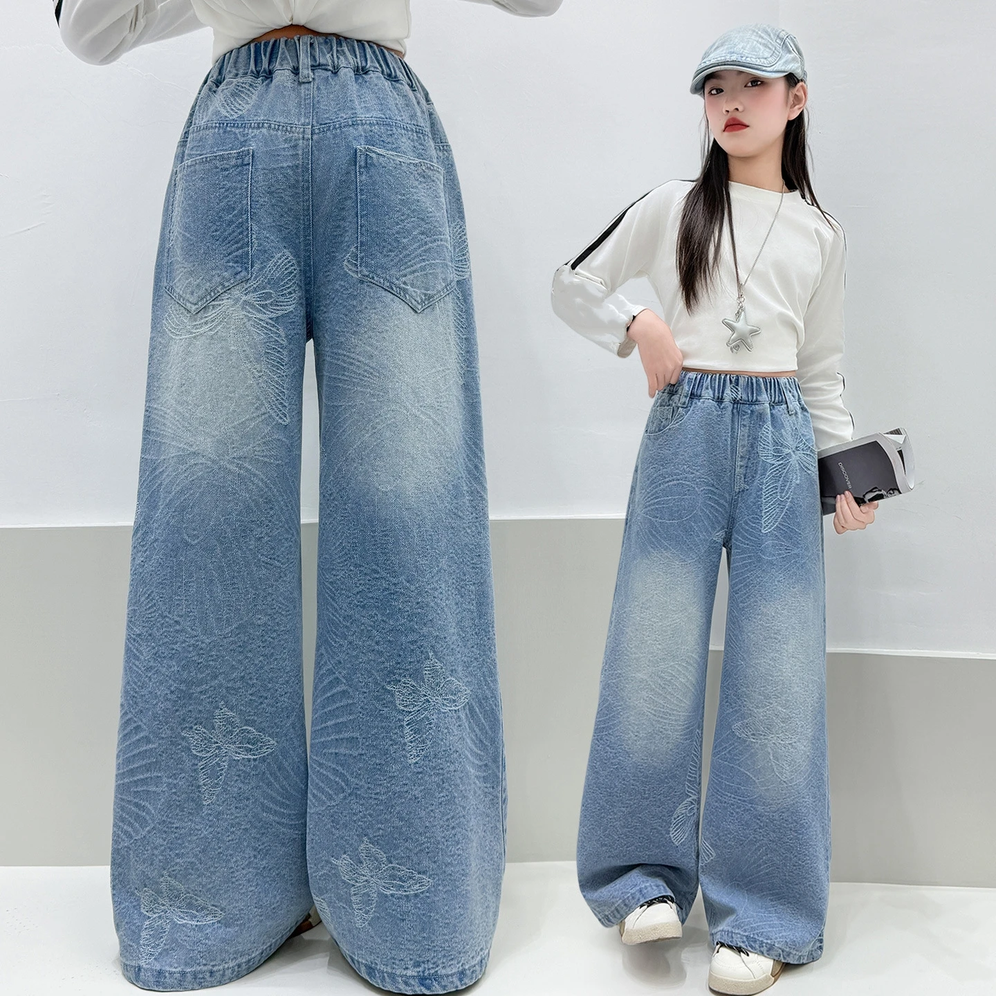 2026 Große heiße Angebote: Mädchen-Mode – Bestickte Schmetterlings-Denim-Hose mit weitem Bein, hoher Taille, im Korea-Stil, lange Jeans für Teenager