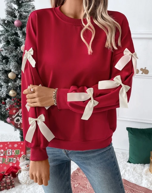 

Women's Winter Sweaters Casual Solid O-Neck Bow Tie Decor Design Long Sleeve Sweatshirt Fashion Vintage Christmas Hoodie Top