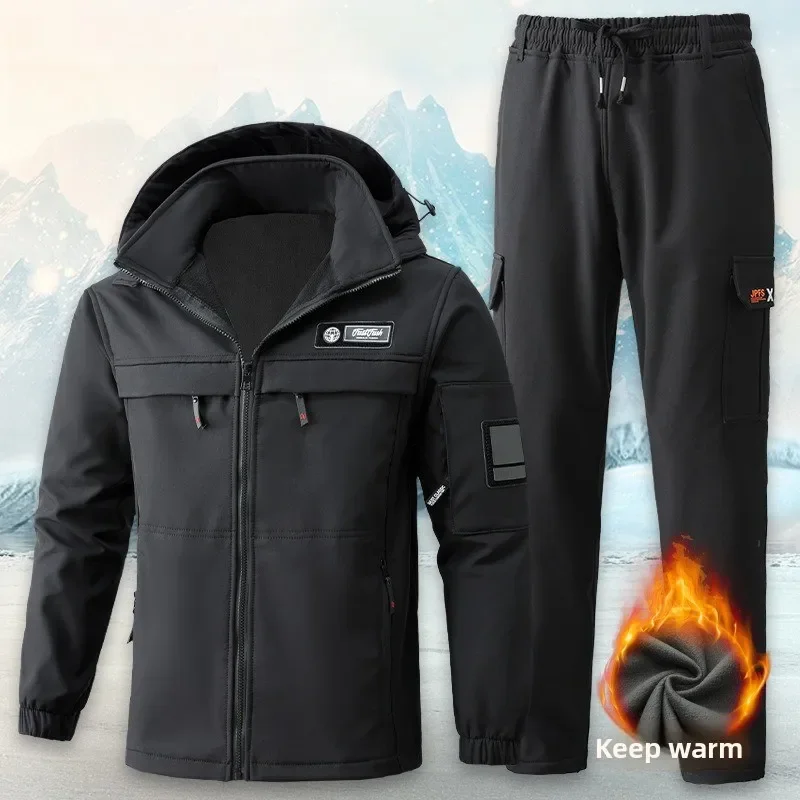 

Men's Arctic Winter Work Suit Windproof Rainproof, Thick Fleece Lined Jacket Pants Set for Outdoor Labor, Anti-Scratch