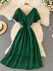 Women Elegant Lace Dress Summer Sexy V-neck Short Sleeve Vintage Casual Dresses Ladies Fashion High Waist Long Robe Vestidos