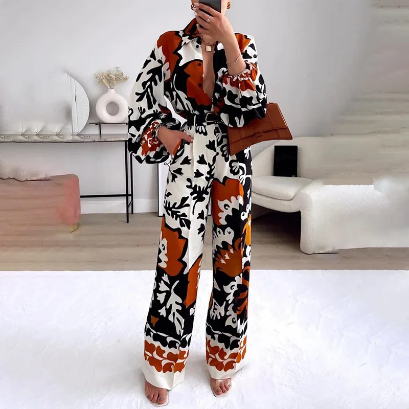 Vacation Outfits Y2K INS Long Sleeve Button Shirt Top Loose Pants Suit Tracksuit Autumn Print Pants Two Piece Set for Women 2024