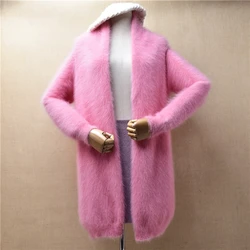 Ladies Women Spring Autumn Pink Hairy Angora Rabbit Hair Knitted Long Sleeves Loose Cardigans Mantle Mink Fur Jacket Sweater Top