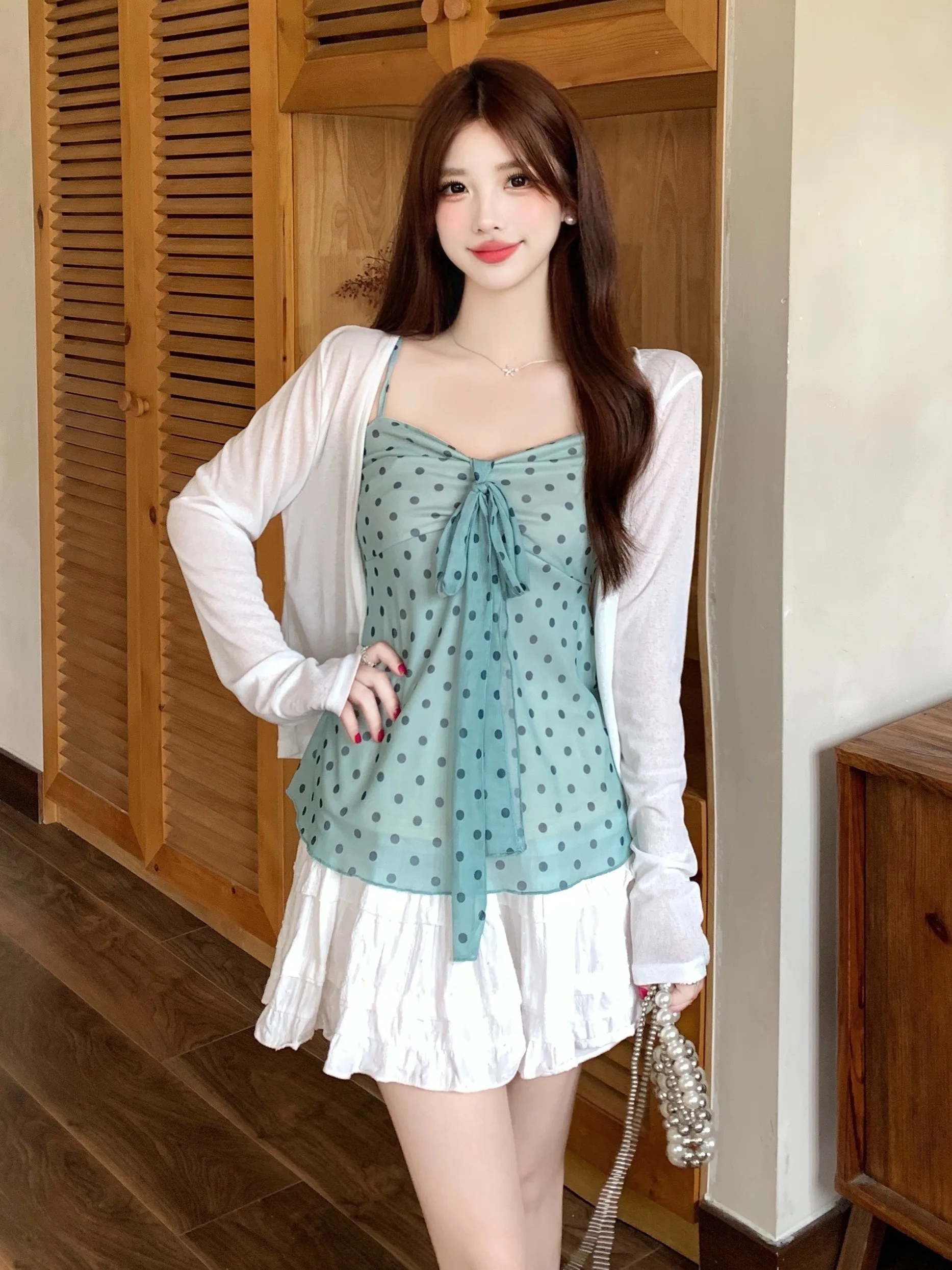 

plus Size Summer Polka Dot Strap Sundress Set Sun Protection Korean Style Commute Long Sleeve Regular Fit Fashionable Outfit