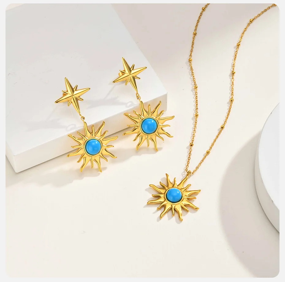 Vnox vergoldete blaue Türkis-Sonnenstern-Anhänger-Halskette für Damen, Edelstahl-Hexagramm-Schlüsselbeinkette, böhmischer Schmuck – Detail 6
